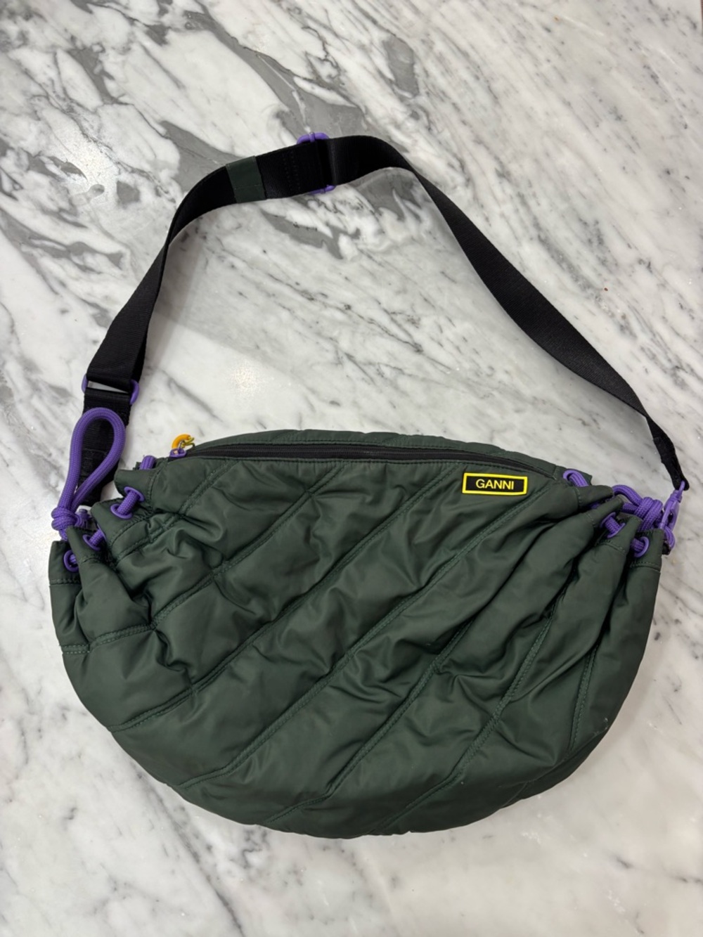 Ganni Olive Quilted Crossbody with Purple Drawcords